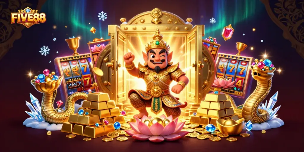 Experience the thrill of FIVE88 with a captivating 3D casino guardian scene, featuring treasures and jackpot elements.