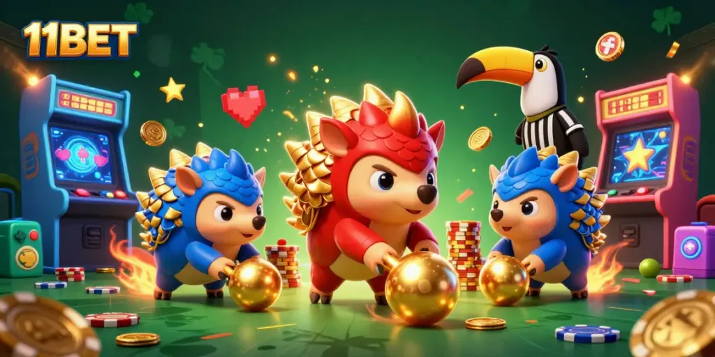 Engage in thrilling gameplay at 11BET with rival pangolins rolling golden balls and dodging poker chips.