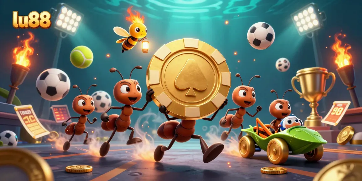 Experience thrilling gameplay with lu88 as ants carry giant poker chips through vibrant casino tunnels.