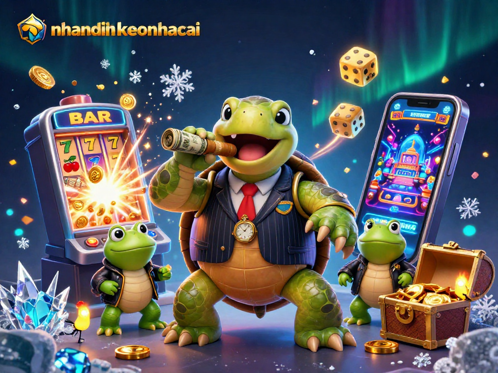 nhandinhkeonhacai showcases a vibrant casino scene with a snapping turtle mobster and bullfrog enforcers.