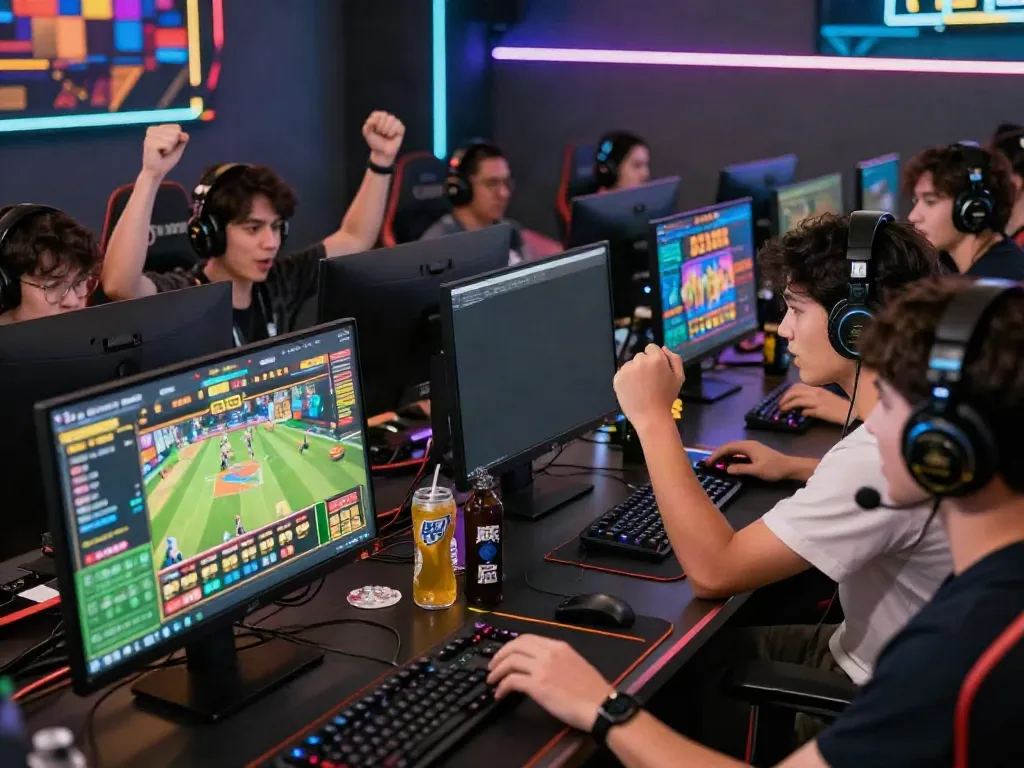 Gamers celebrating their wins while using Link Alternatif Vegas88 in a modern gaming room.