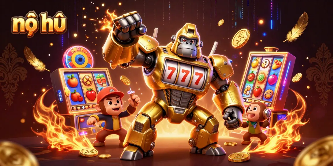 Nổ hũ jackpot scene featuring a golden gorilla mech with slot machine elements and a tiny monkey pilot