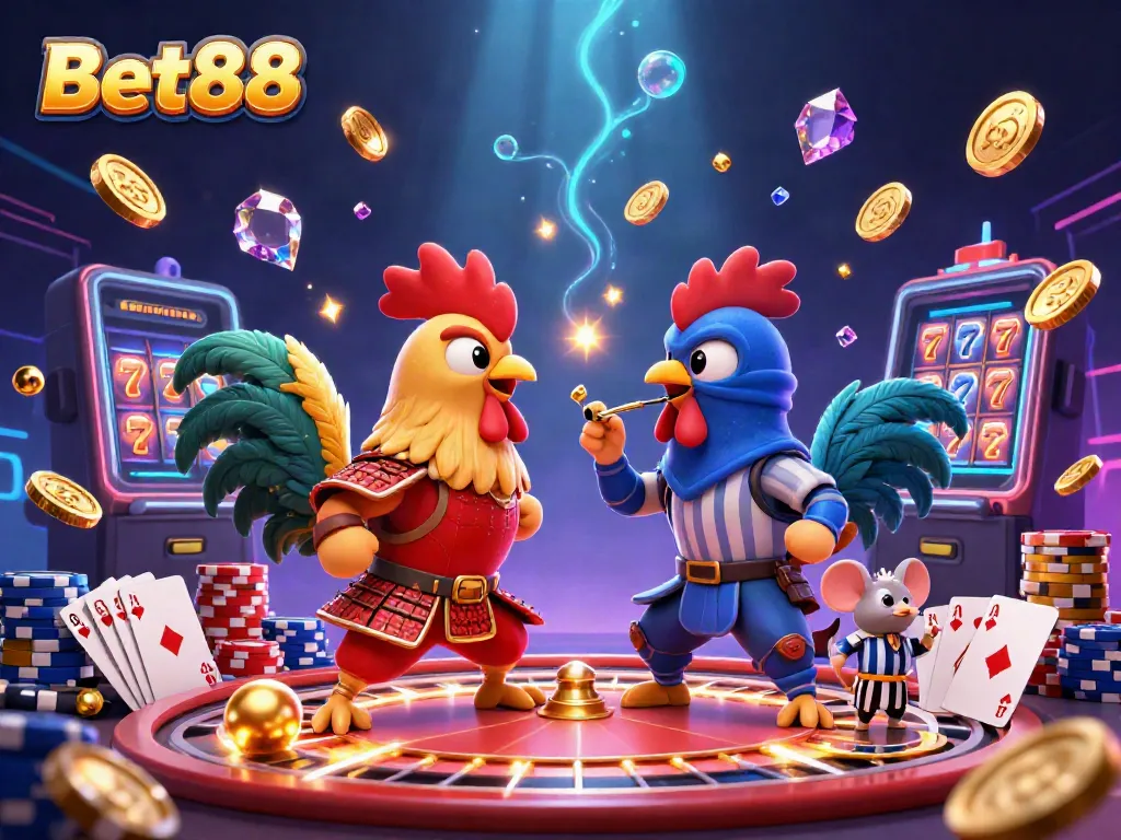 Engage with Bet88's lively atmosphere featuring animated roosters in action-packed standoff amidst casino elements.