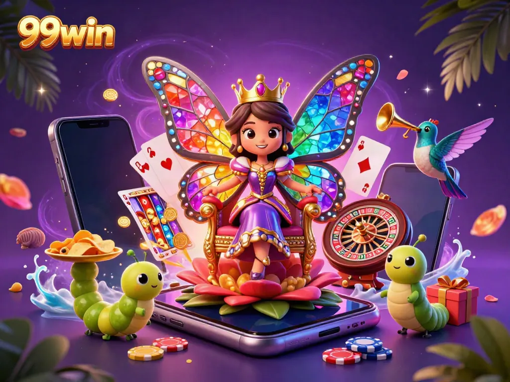 Experience 99win's vibrant casino atmosphere with a butterfly queen, slot games, and golden chips.