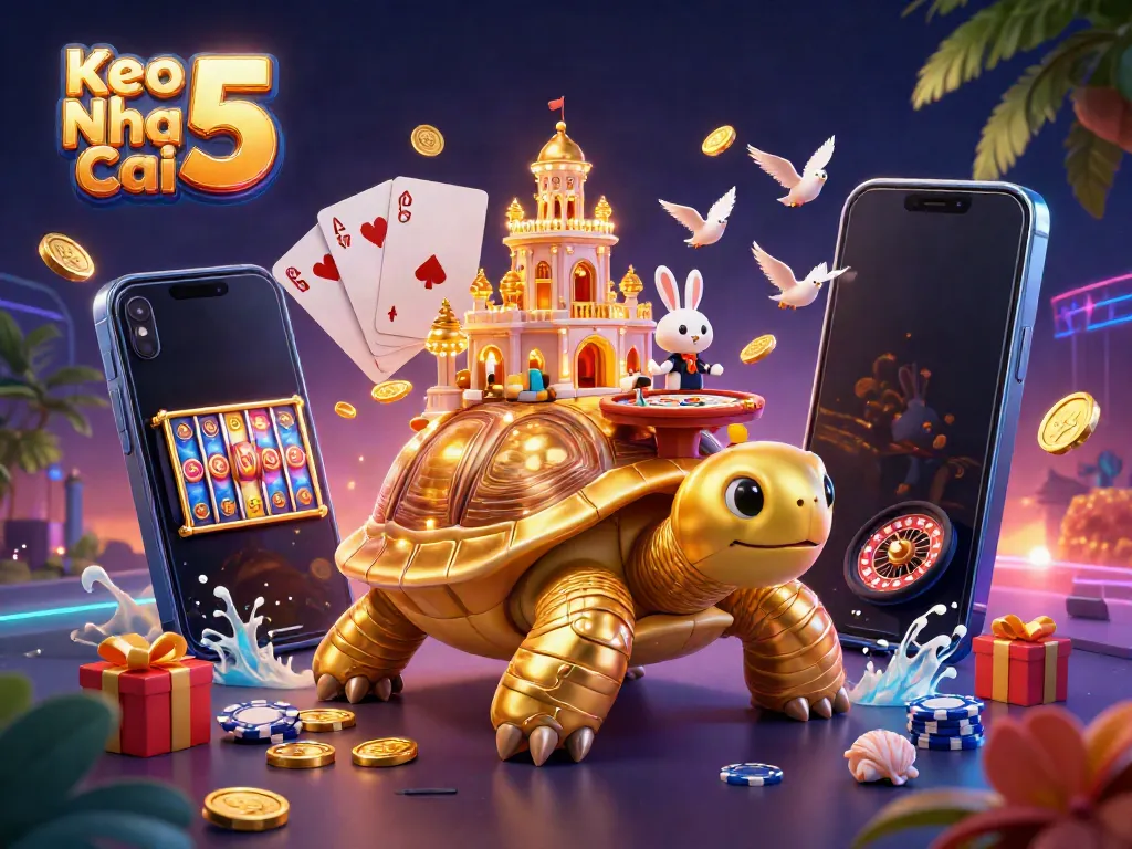 Engage with Keo Nha Cai 5 as a giant tortoise showcases vibrant casino elements including coins and slot games.