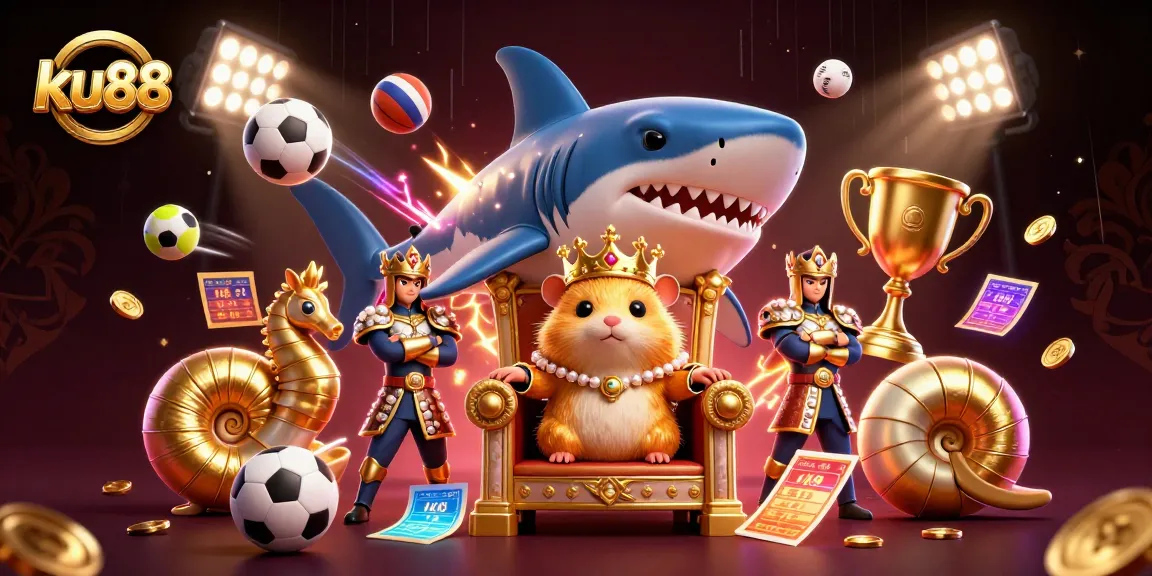 Engage in thrilling games at ku88 with a fierce golden hamster king surrounded by vibrant casino elements.