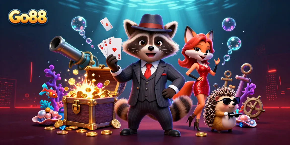 Experience the excitement of Go88 with a suave raccoon, fox lady, and hedgehog amidst sparkling casino treasures.