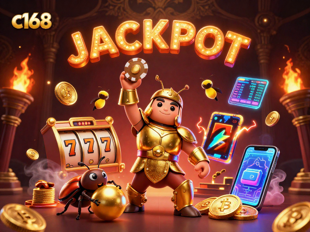 Win big with c168, showcasing a 3D hercules beetle gladiator celebrating a jackpot triumph.