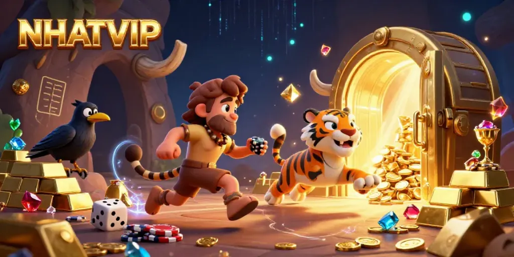 Experience NHATVIP action with caveman and sabertooth duo at a vibrant prehistoric casino.