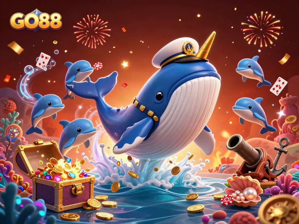 Experience the excitement of GO88 with a stunning underwater scene featuring a whale, narwhal, and playful dolphins amidst vibrant casino elements.