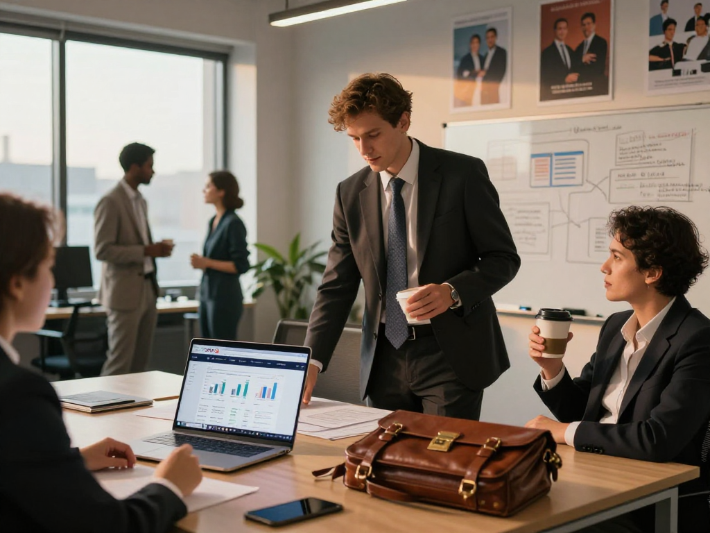 Professional networking in a modern office with XPAY33 official site displayed on laptop, showcasing collaboration and strategy.