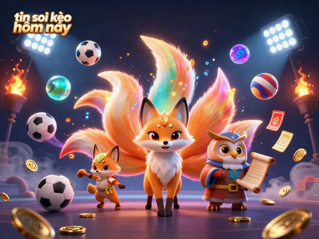 Exciting sports betting scene with vibrant fox spirit and wise owl representing tin soi kèo hôm nay.