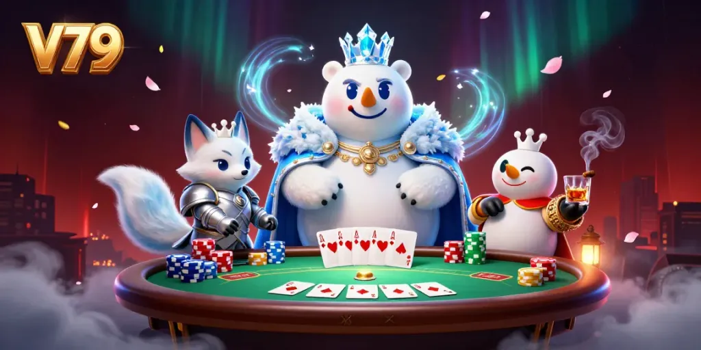Experience the excitement at V79 with a playful bear and fox at a lavish poker table.