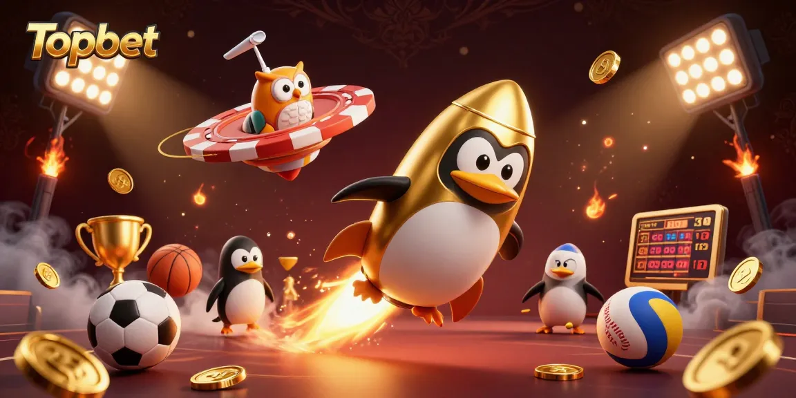 Topbet offers a thrilling gaming experience featuring a golden penguin and casino elements.