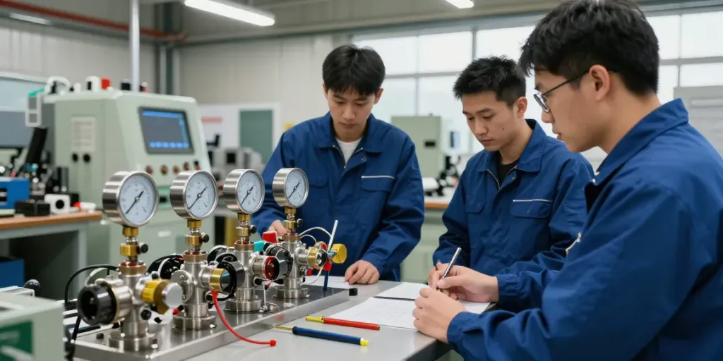 Engineers calibrating a mechanical vacuum switch in an industrial setting.