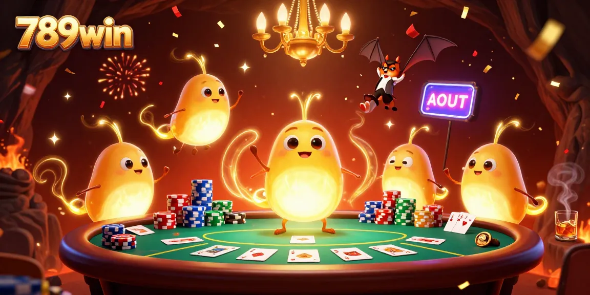 Engage with 789win's illuminated cave casino featuring colorful poker elements and a playful bat dealer.