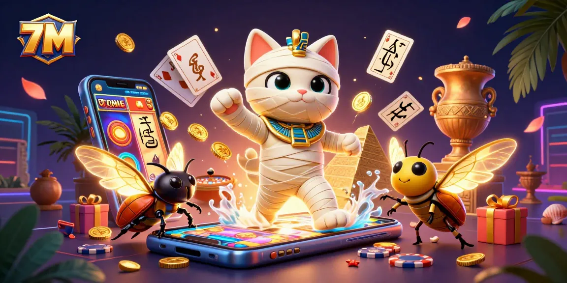 Engage with 7M's thrilling gaming experience featuring a mummy cat and casino elements.