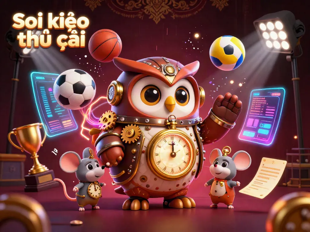 Experience thrilling sports betting visuals with Soi kèo nhà cái dynamic elements, including sports balls and a steampunk owl.