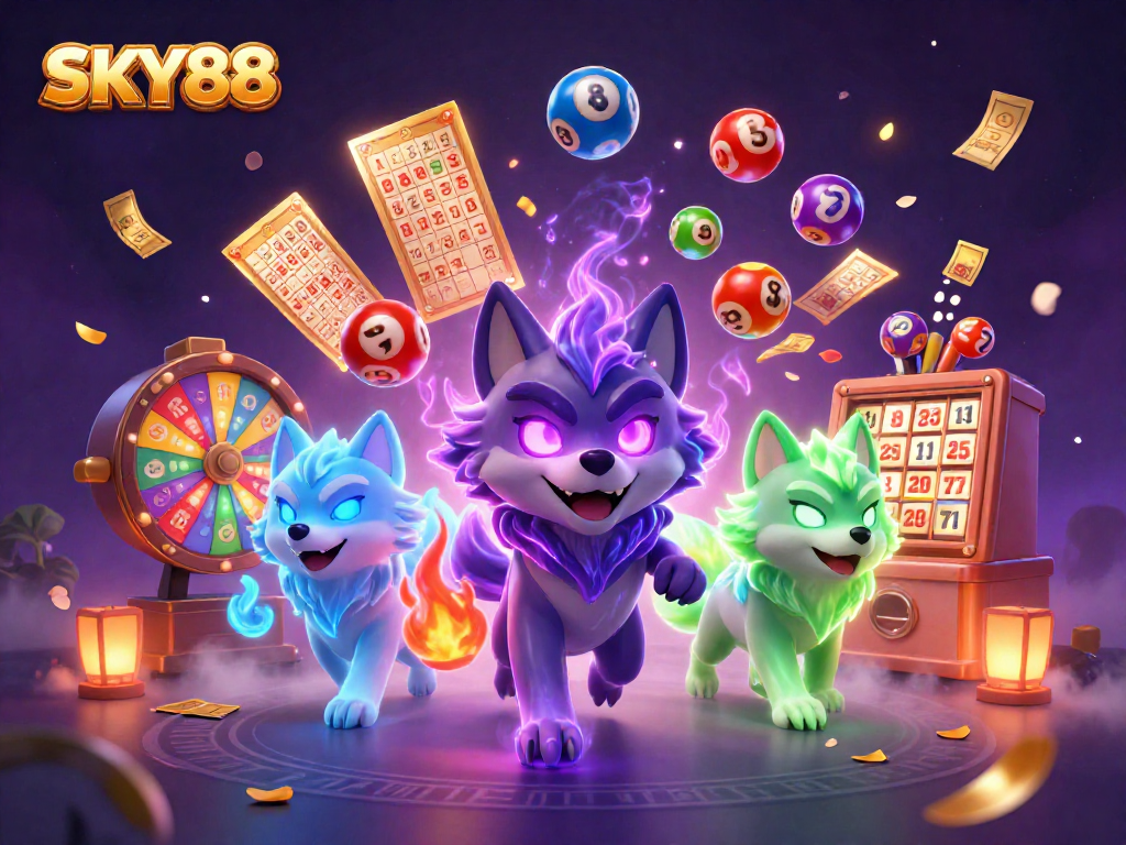 Experience thrilling gaming adventures at SKY88 with vibrant lottery elements and mystical wolves.