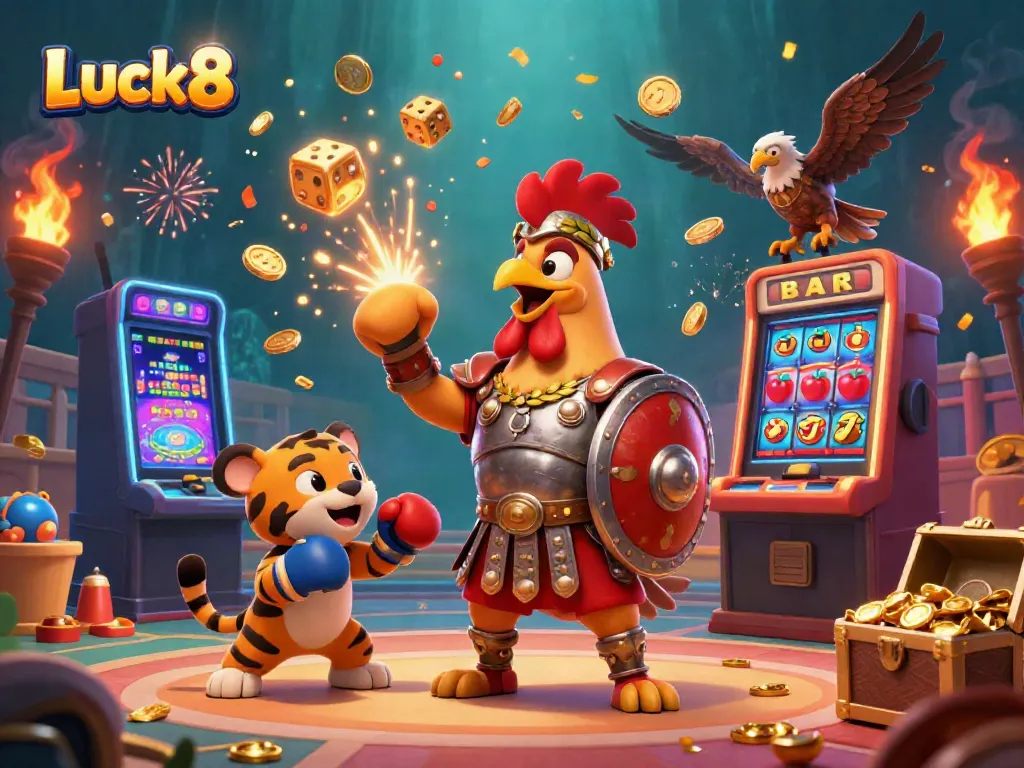 Experience Luck8's excitement with a vibrant casino scene featuring a gladiator rooster and jackpot elements.