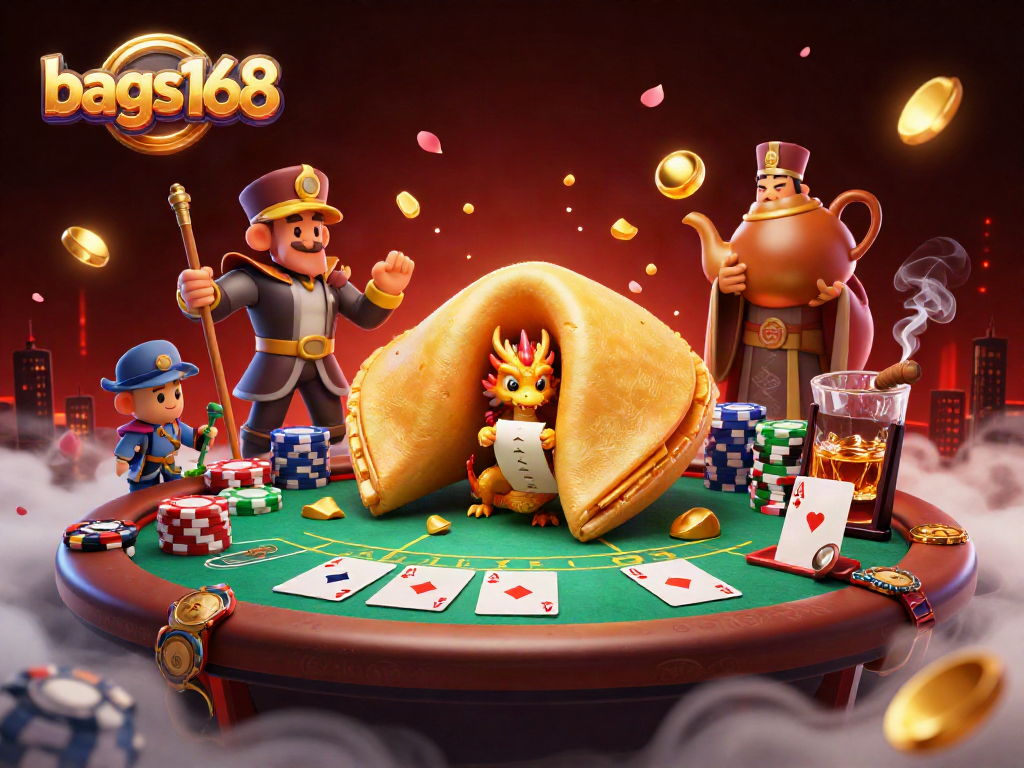 Play cards and win with bags168 in a vibrant 3D casino scene featuring poker elements.
