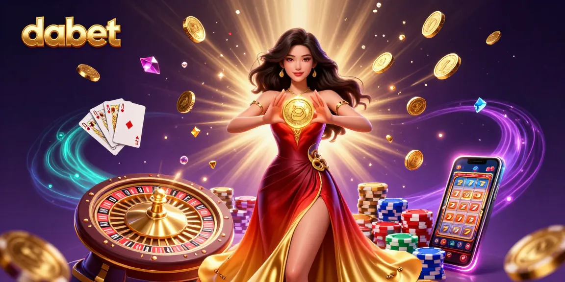 dabet offers a vibrant casino experience featuring a stunning Asian woman with golden coins and a roulette wheel.