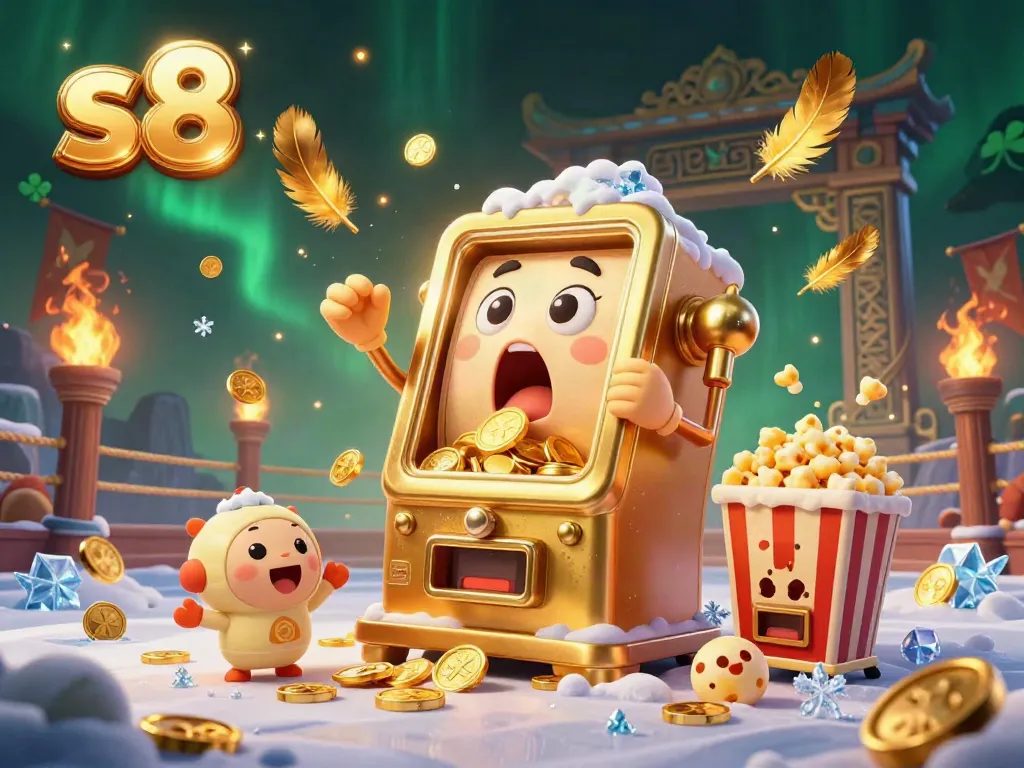 Hit the jackpot with S8's golden slot machine in a vibrant celebratory casino scene.