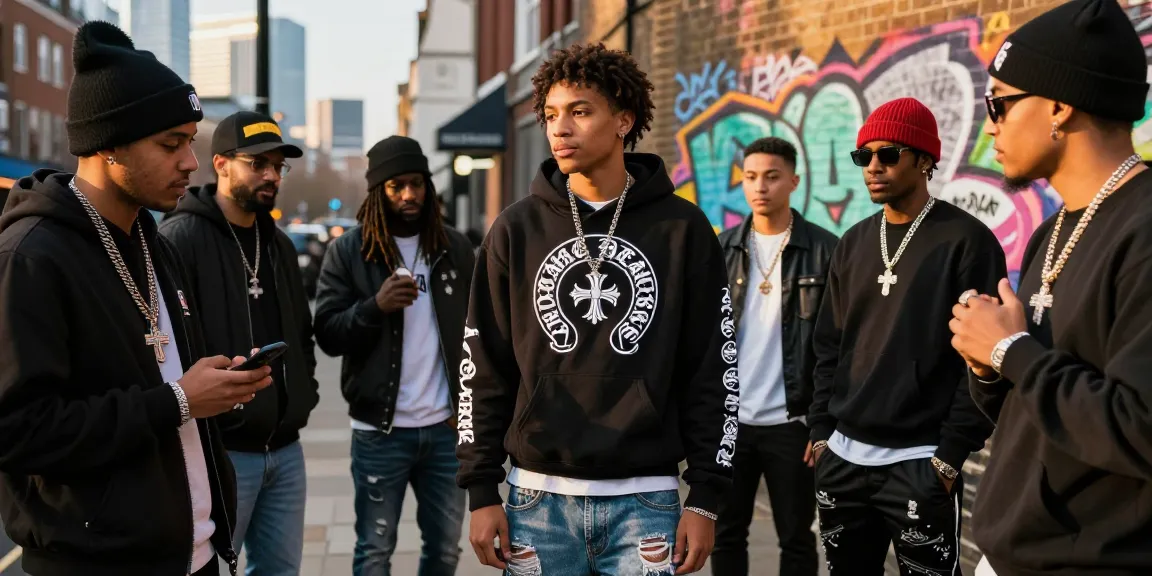 Fashionable group showcasing Chrome Hearts streetwear styles in London.