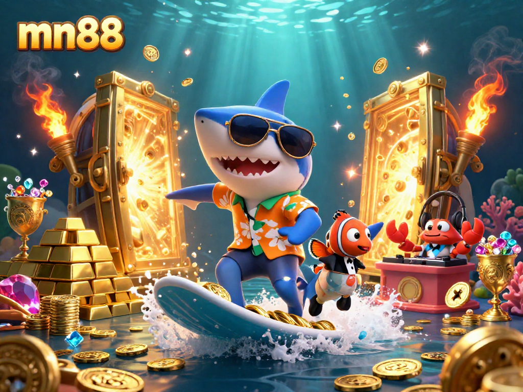 Experience the excitement at mn88 with a vibrant underwater casino scene featuring a shark, clownfish, and crab DJ.