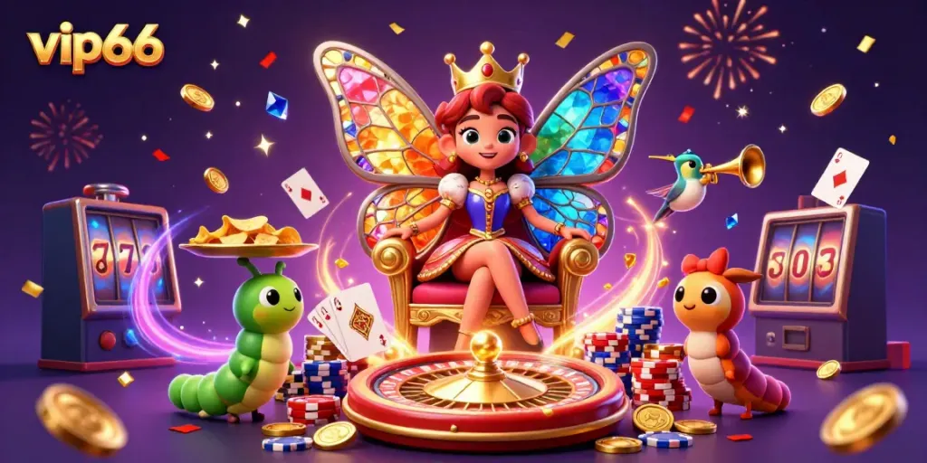 Experience the exhilarating world of vip66 with vibrant characters, dazzling casino elements, and a magical backdrop.