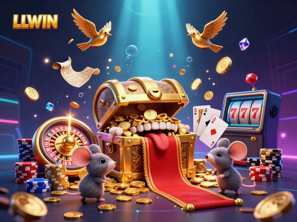 Engage in thrilling gambling with LLWIN, featuring a playful treasure chest and vibrant casino elements.