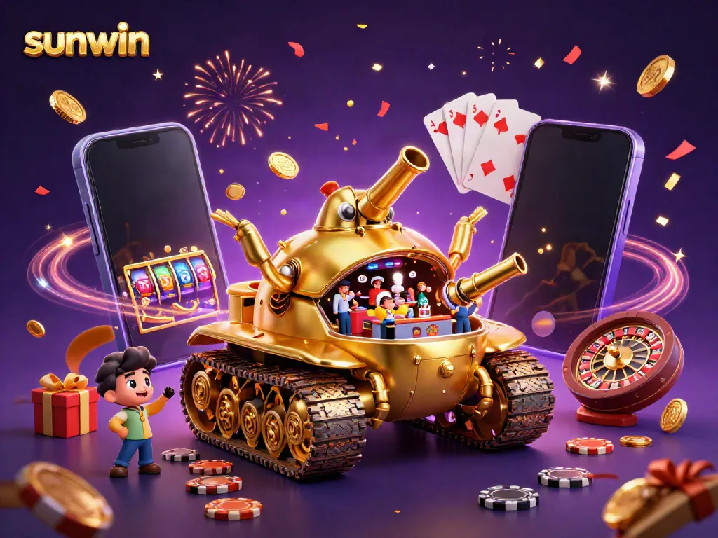 Engage with sunwin's vibrant gaming scene featuring a mini casino in a golden beetle tank, with festive confetti bursting around.