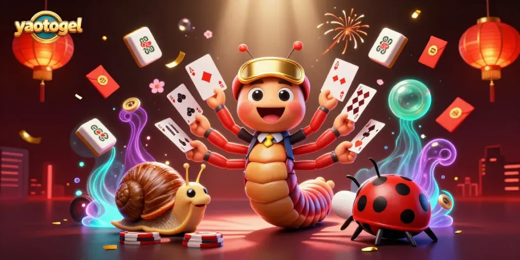 Engage with yaotogel's vibrant scene featuring a millipede dealer and a high-roller snail amidst dynamic casino elements.