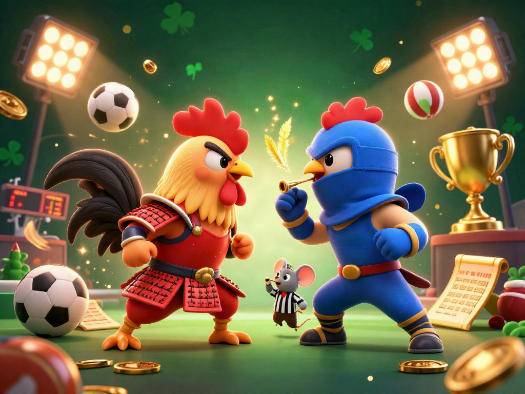 Engage with davis80smusic's thrilling cartoon illustration of roosters battling in a lively casino atmosphere.