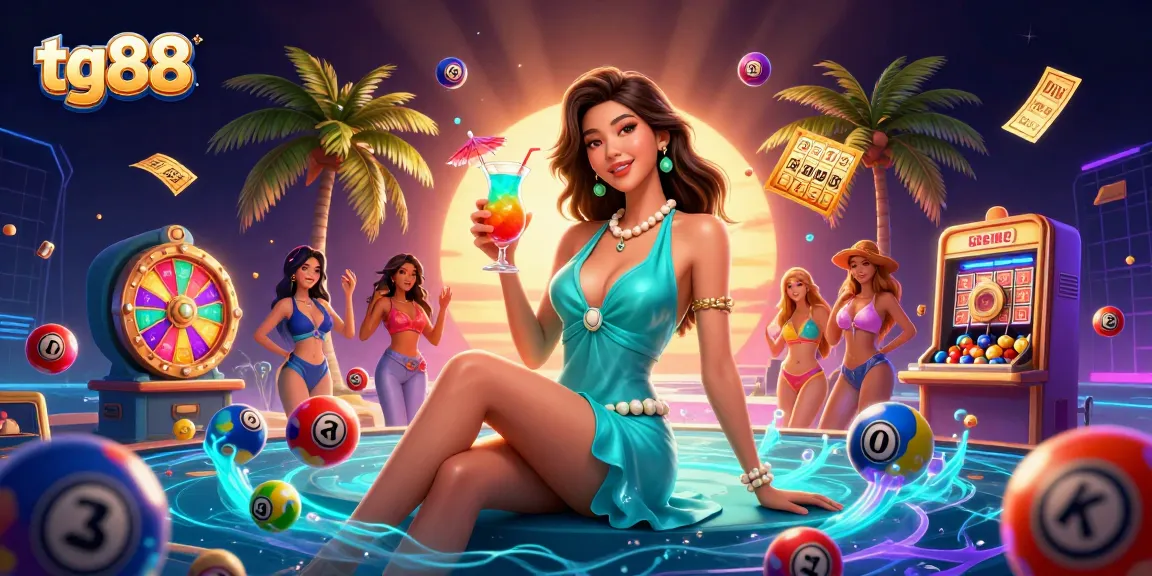 Play and win with tg88 as a glamorous Asian woman holds a vibrant cocktail amidst dynamic casino elements.