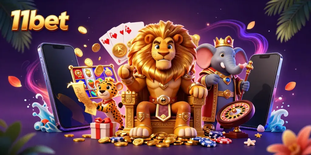 Experience thrilling gaming adventures with 11bet, featuring a lion king, elephant advisor, and cheetah messenger.