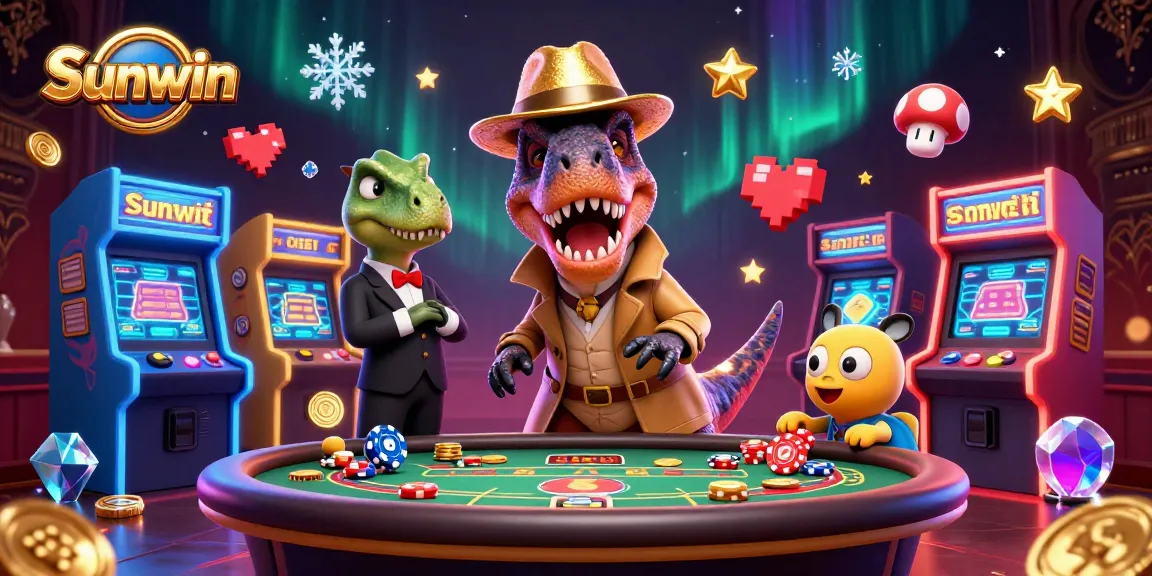Sunwin showcases a playful scene of a velociraptor card counter at a blackjack table amidst arcade elements and vibrant casino imagery.