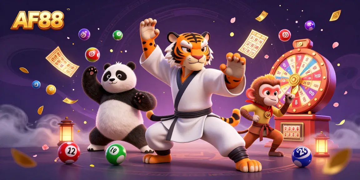 AF88 slot game scene featuring a kung fu tiger master and lively gaming elements