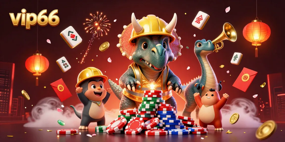 Engage in delightful gameplay at vip66 with a vibrant 3D illustration of a triceratops and friends celebrating.