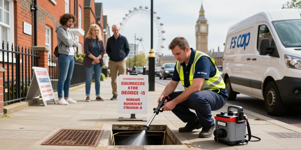 Blocked drain in London being expertly inspected by a professional drainage engineer, showcasing emergency services in action.