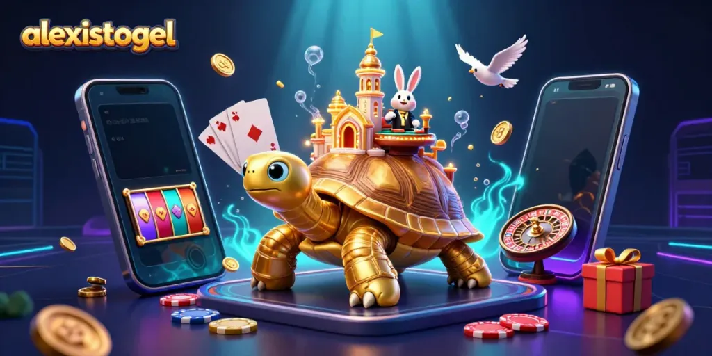 Experience the gambling excitement with alexistogel featuring a cartoon golden tortoise and a rabbit dealer.