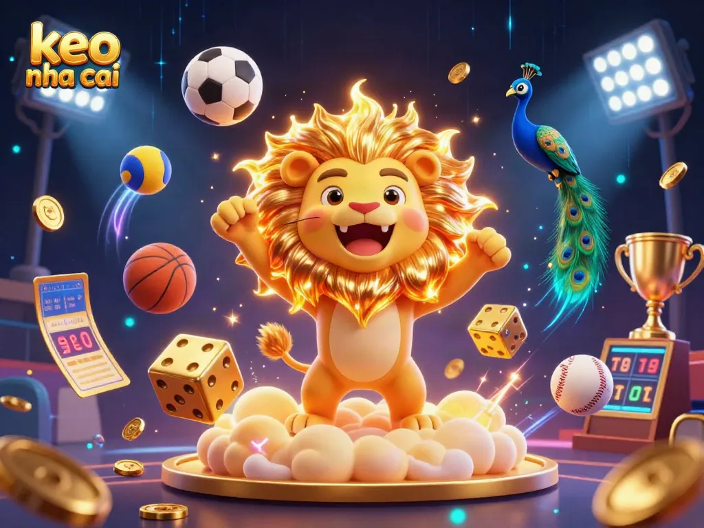 Experience thrilling keo nha cai betting dynamics with vibrant sports elements and a striking sun lion.