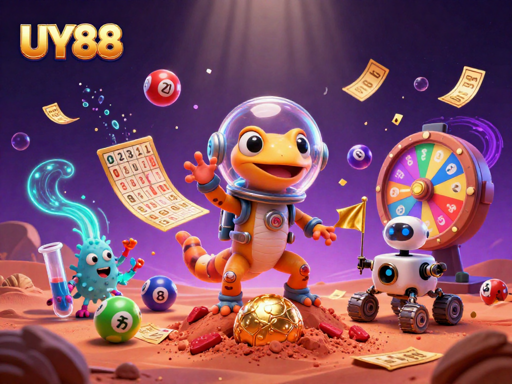 Experience UY88's thrilling casino adventure with a Martian gecko uncovering treasures!