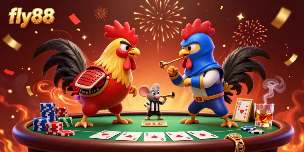 Experience the excitement of fly88 with fighting roosters in a dynamic casino setting.