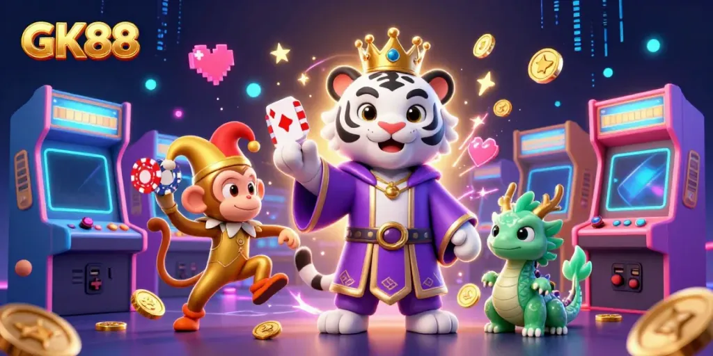 Experience elite gaming moments at GK88 with vibrant 3D characters and lively casino elements.
