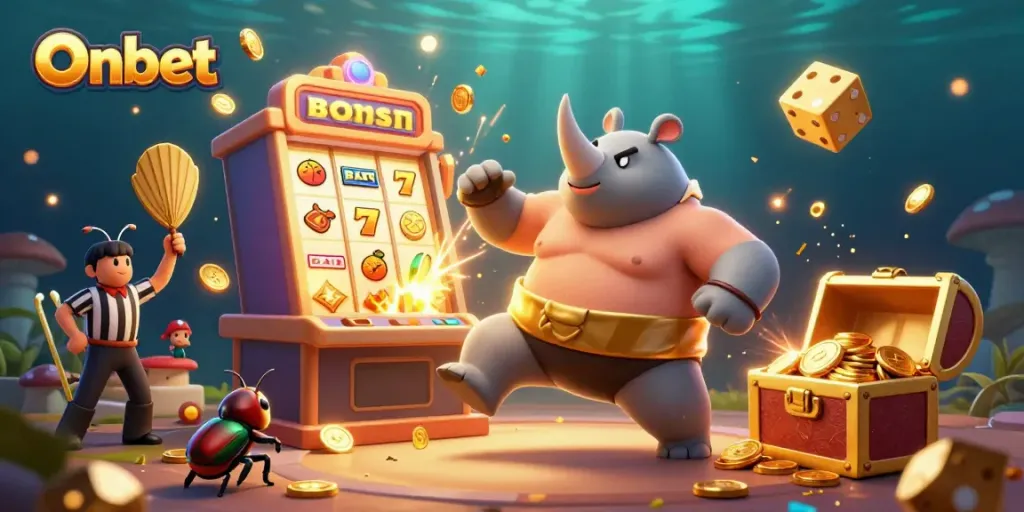 Experience the excitement of Onbet with a dynamic 3D casino scene featuring cartoon characters and slot machine action.