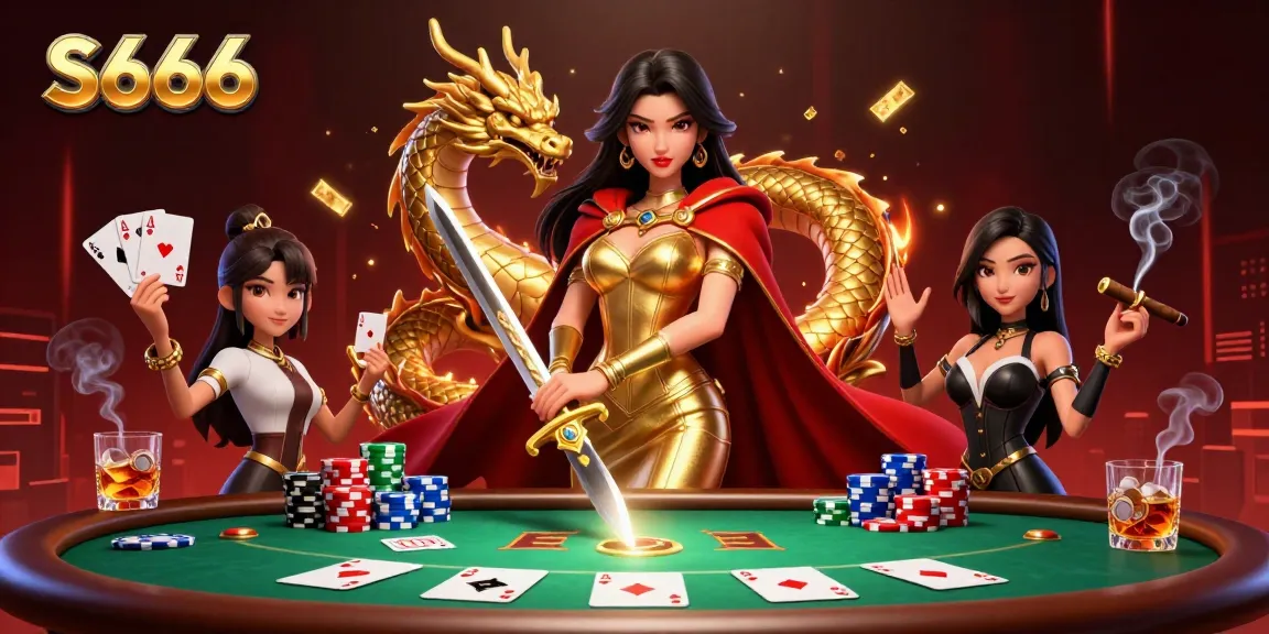 S666 players enjoy intense poker action with a warrior queen in a captivating casino illustration.