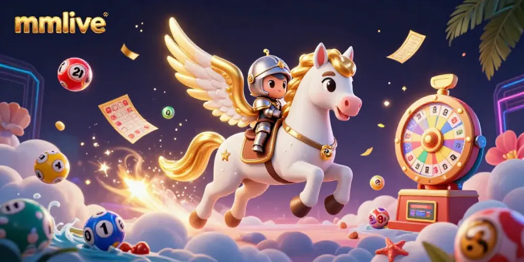 Engage in mmlive gaming with a vibrant scene featuring a celestial horse and exciting lottery elements.