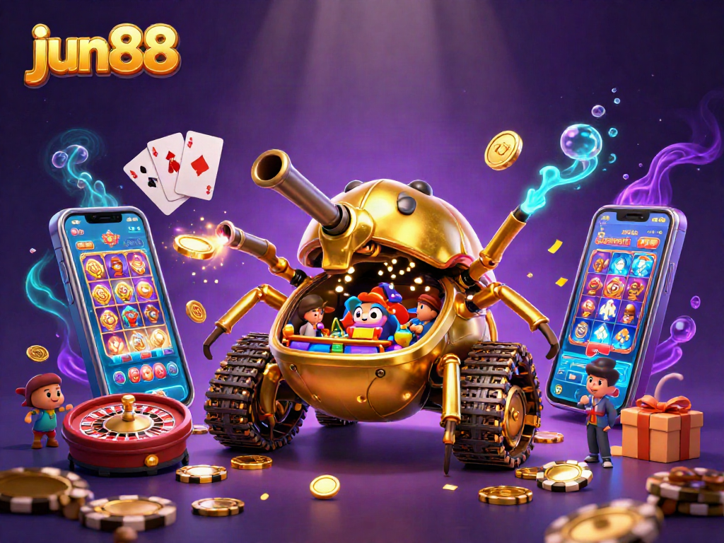 Experience excitement at jun88 with a golden beetle tank revealing a casino scene, coins, and festive elements.