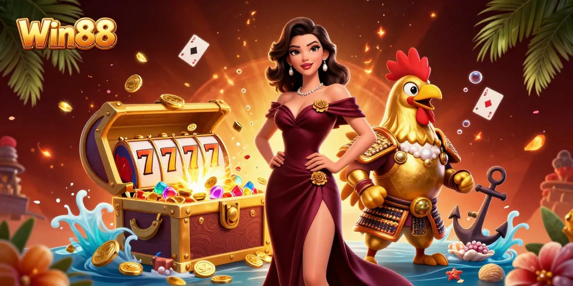 Experience big wins at Win88 in this vibrant casino-themed illustration featuring exciting gameplay elements.